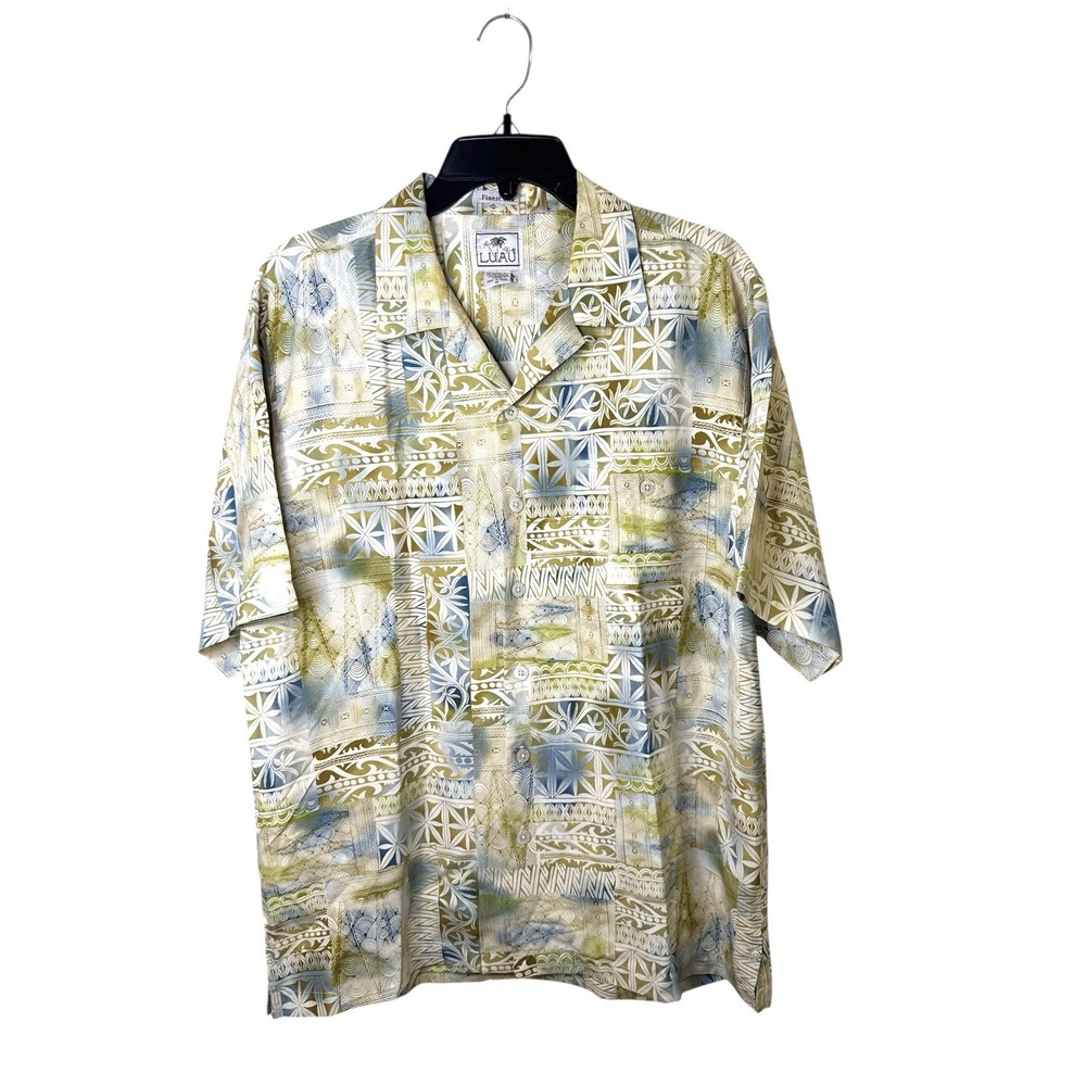 LUAU Medium Silk Shirt Limited Edition Hawaiian Aloha‎ Short Sleeve Green Blue